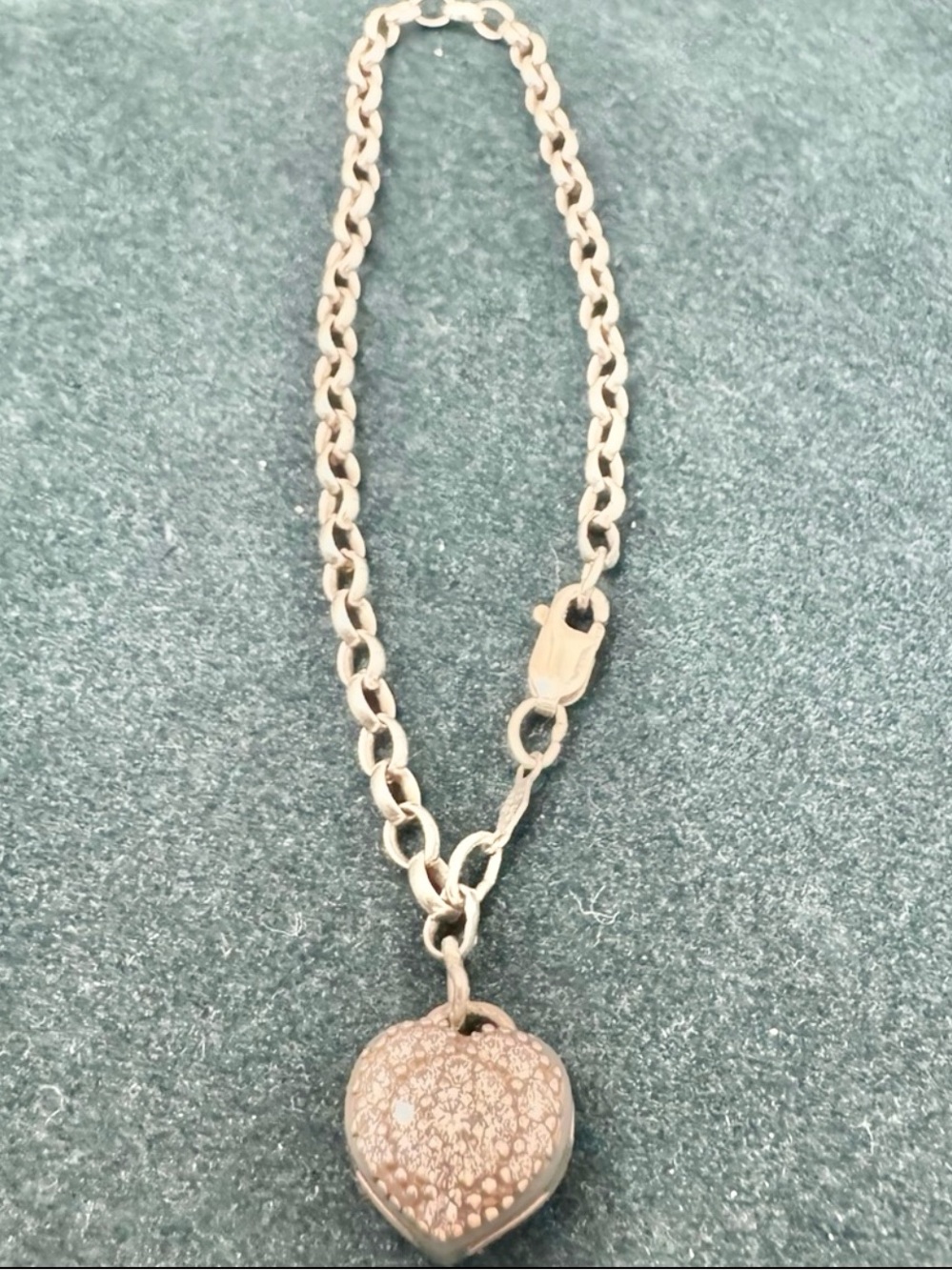 Vintage Sterling Silver CZ Pave Heart Charm Rolo Link Bracelet